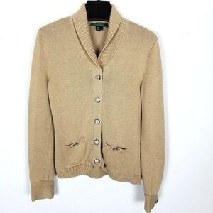 Lauren Ralph Lauren 100% Mercerized Cotton Cardigan Sweater Size M Beige Logo